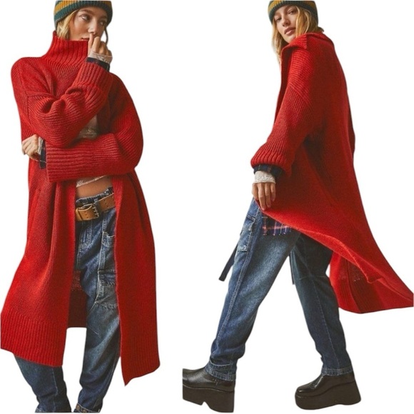Free People | Women’s Red Wool Blend Finely Maxi Cardigan Size Small - Picture 1 of 9
